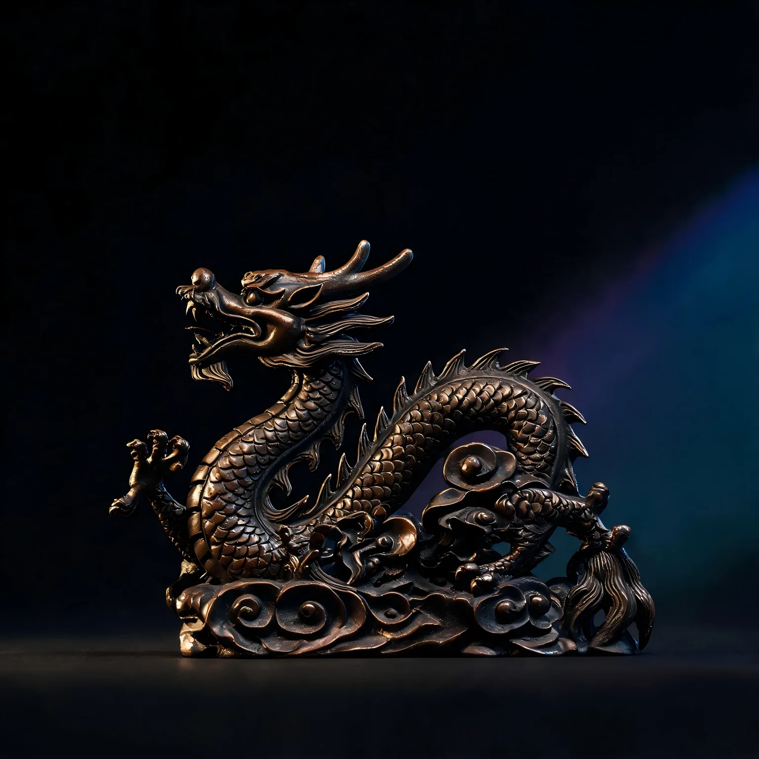Hand-cast bronze Chinese dragon sculpture, coiled with head raised, on a black studio background
